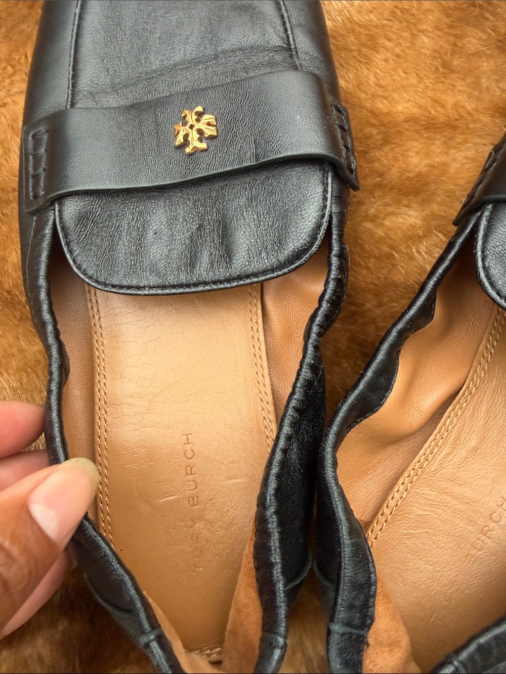 Tory Burch Black Leather Slip-On Loafers with Gold Logo Accent
